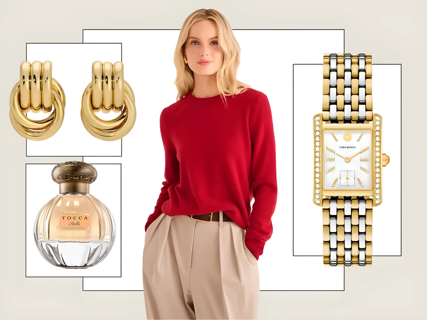 A woman in a red sweater and tan pants surrounded by jewelry perfume and a watch