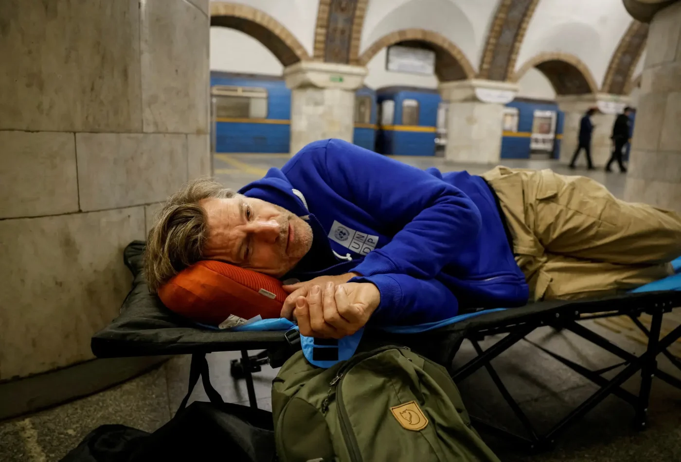Actor Nikolaj Coster-Waldau taking shelter on a cot inside a metro station in Kyiv.
