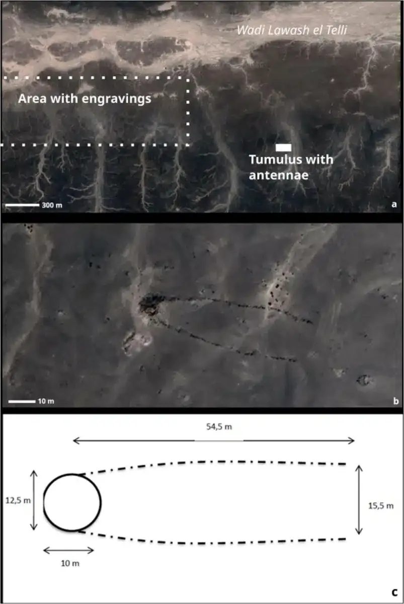 Aerial Views And Diagram Of The 4,400 Year Old Stone Tomb At Lawash El Telli In Western Sahara.