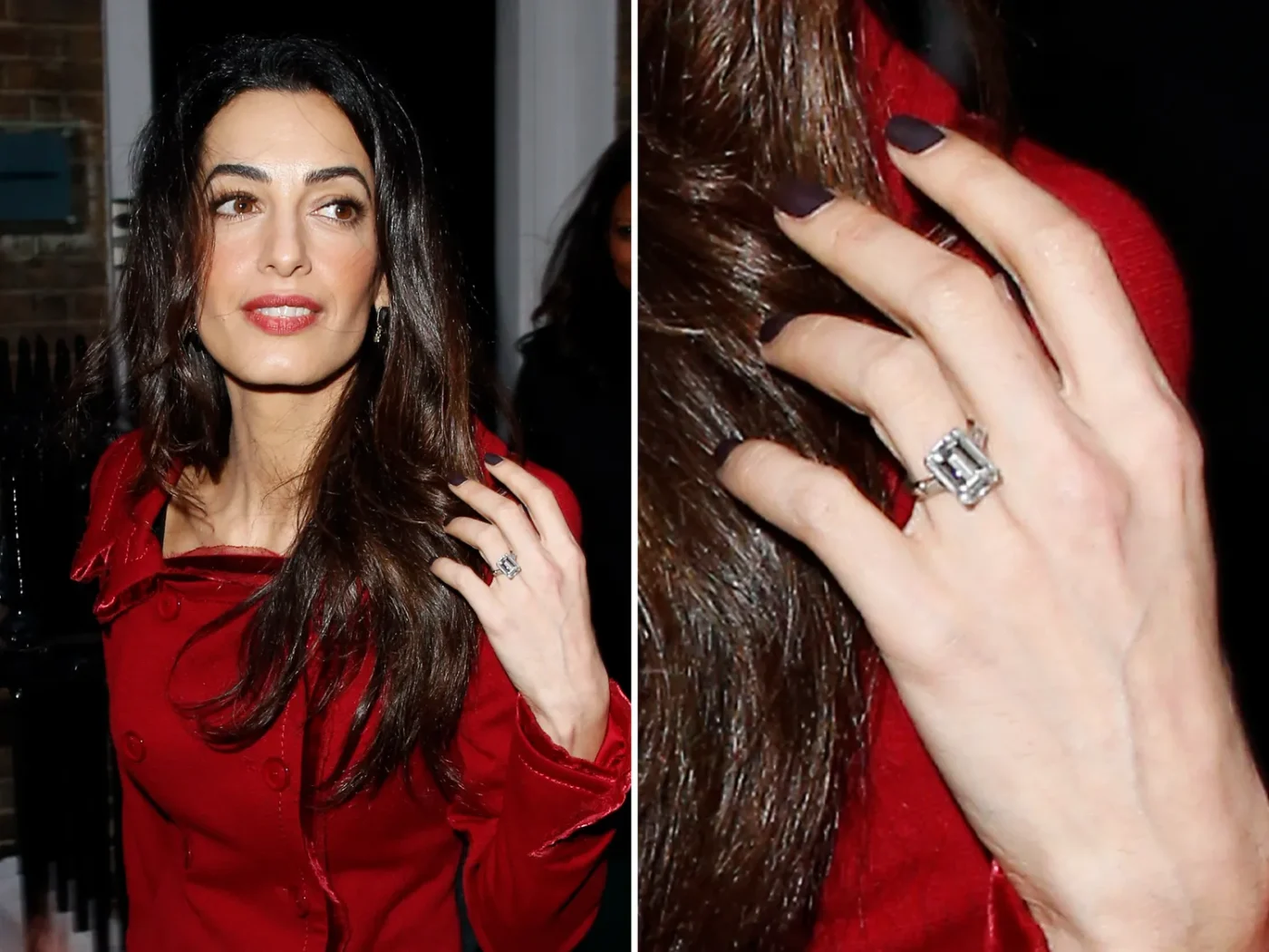 Amal Clooney alongside a closeup of her ring
