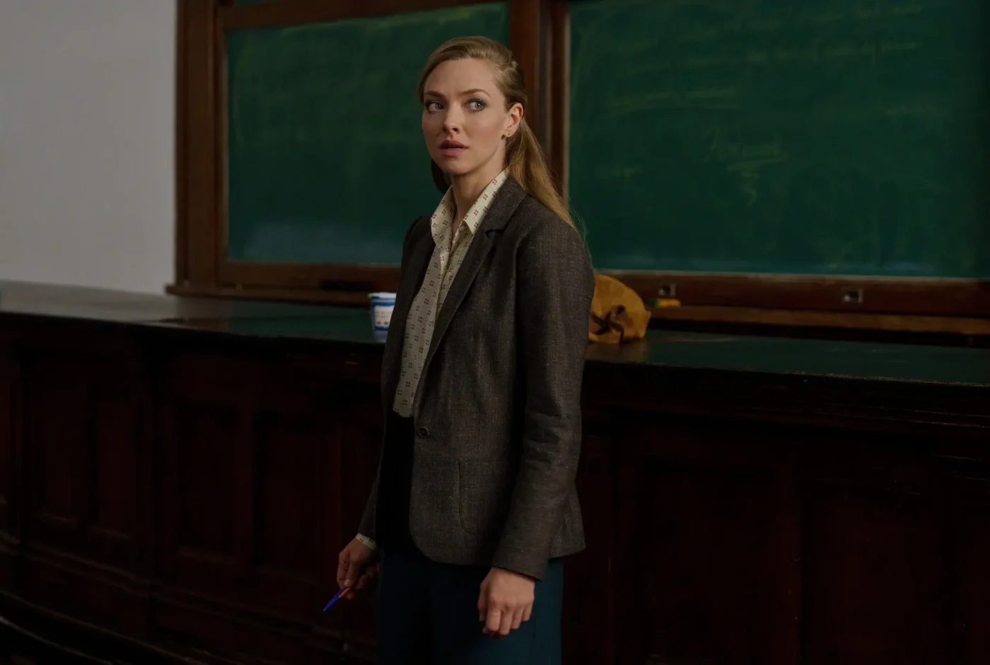 Amanda Seyfried in a classroom setting for