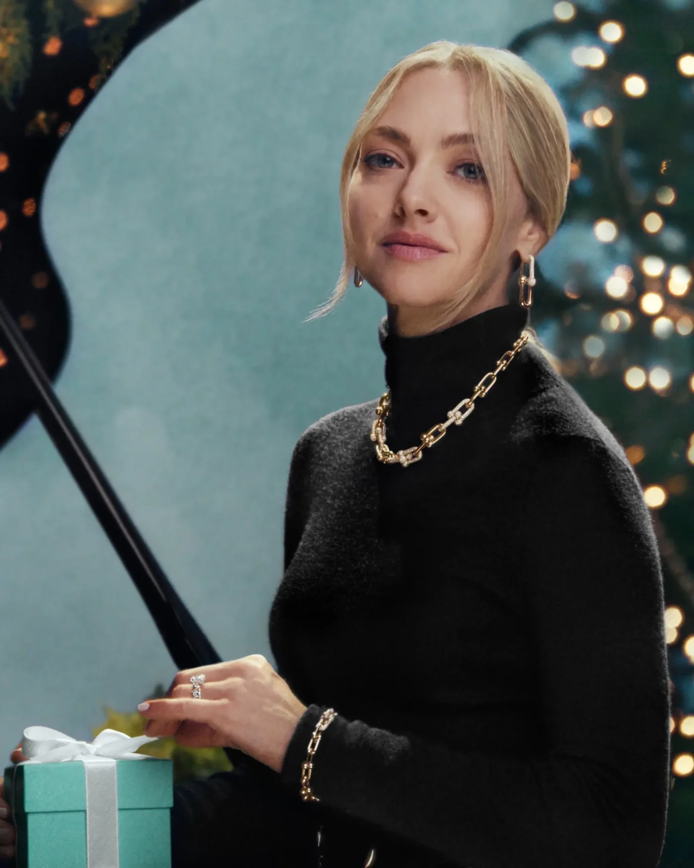 Amanda Seyfried wears Tiffany & Co. jewelry in a holiday campaign.