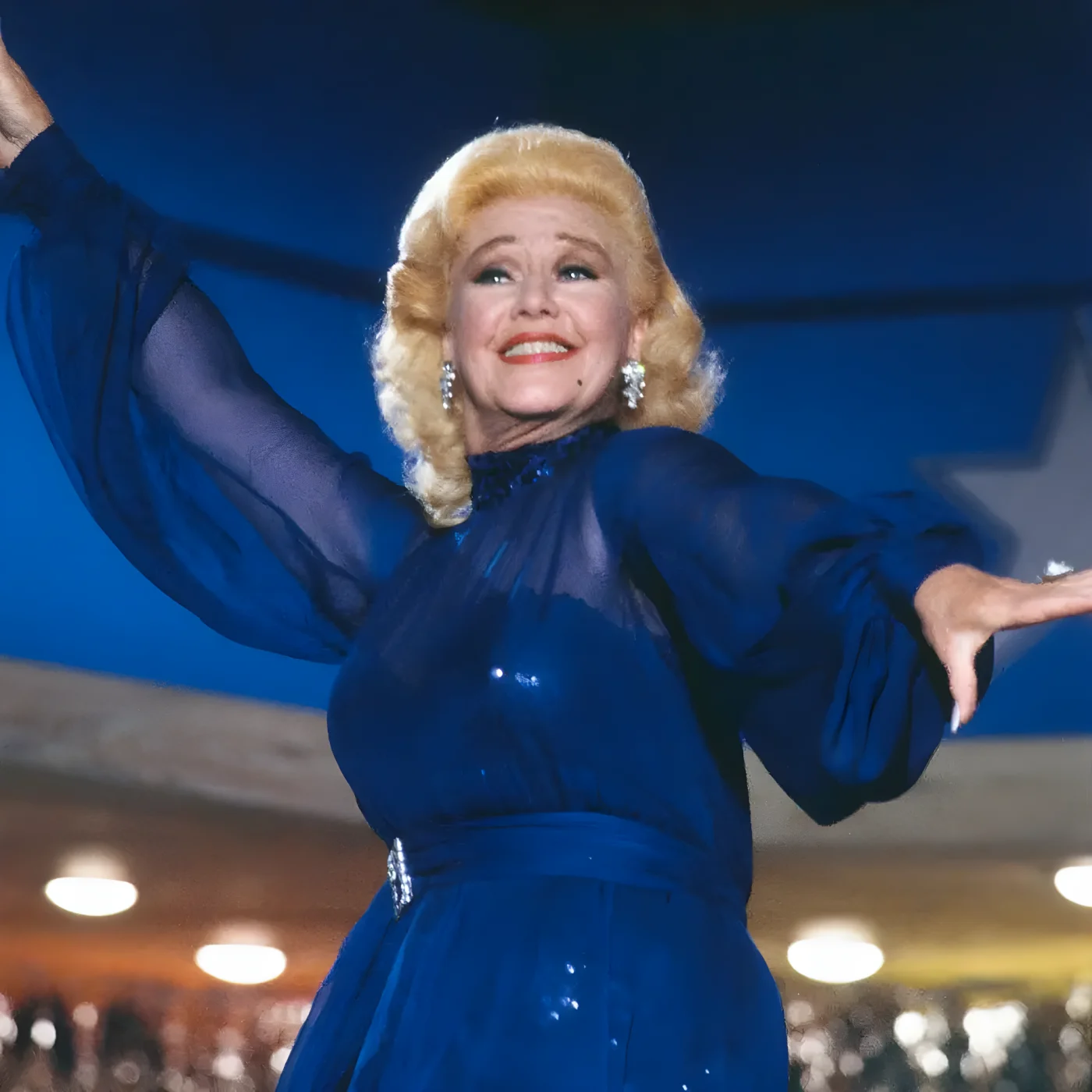 American actress and dancer Ginger Rogers (1911 - 1995) performing in a blue evening dress in Hollywood, California, October 25th 1979.