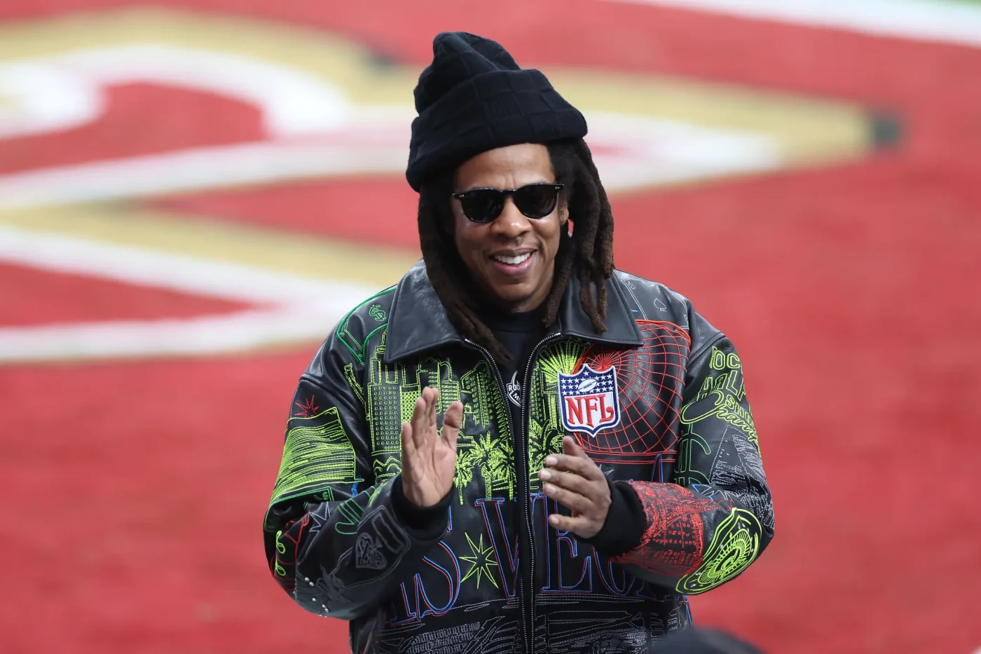 American rapper Jay-Z reacts before Super Bowl LVIII.