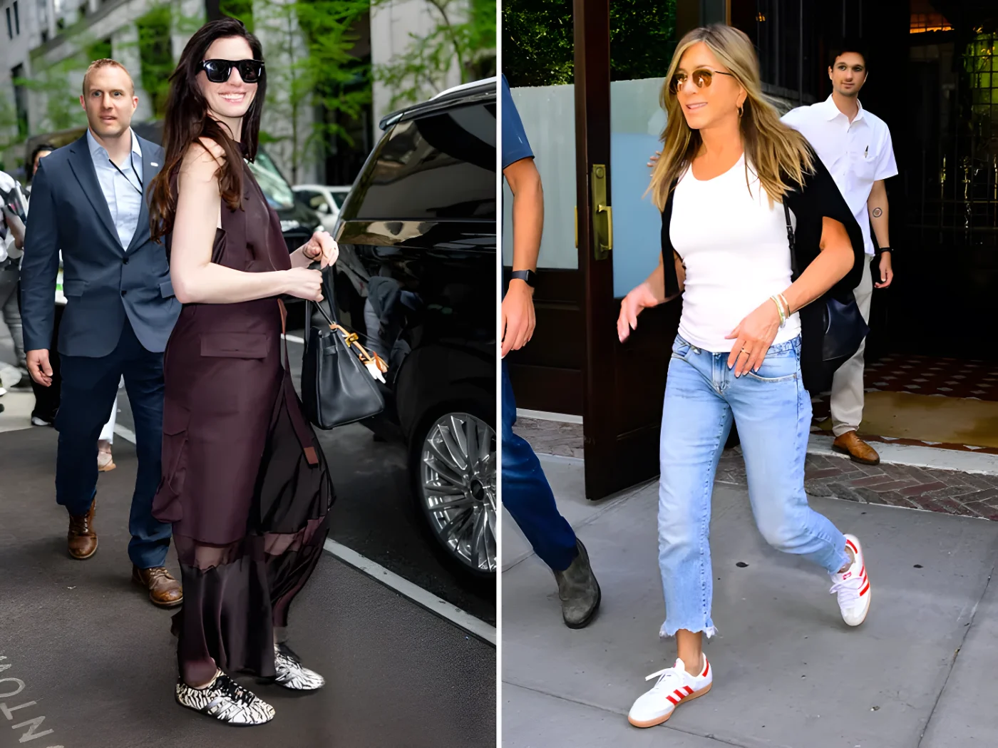 Anne Hathaway and Jennnifer Aniston pictured outdoors in casual attire showcasing sneakers