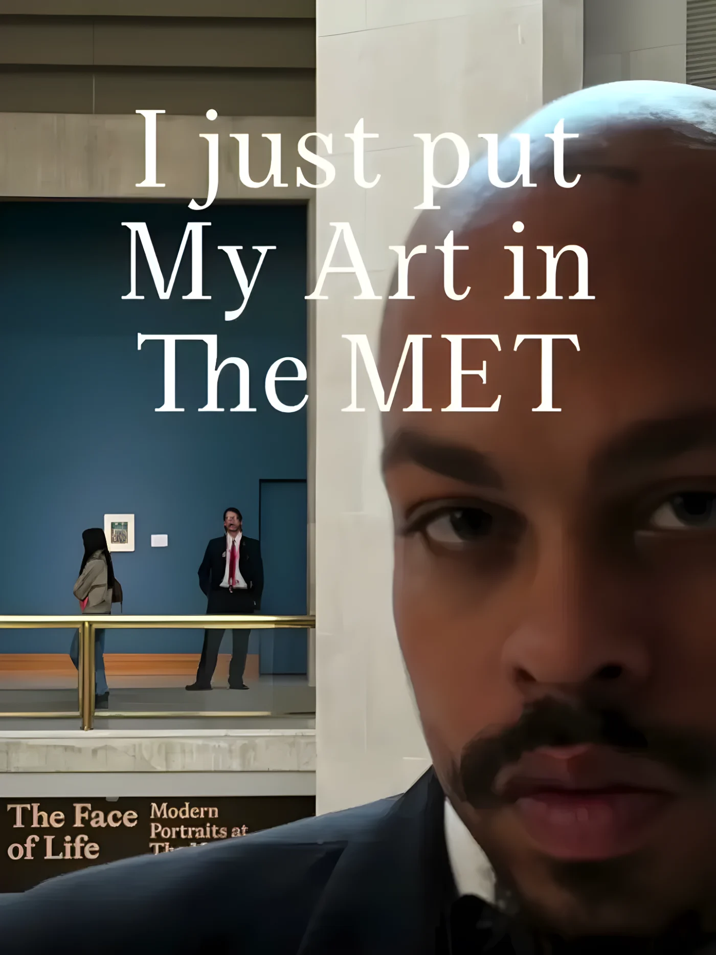 Artist David Sabastian in a gallery at the Met with text reading