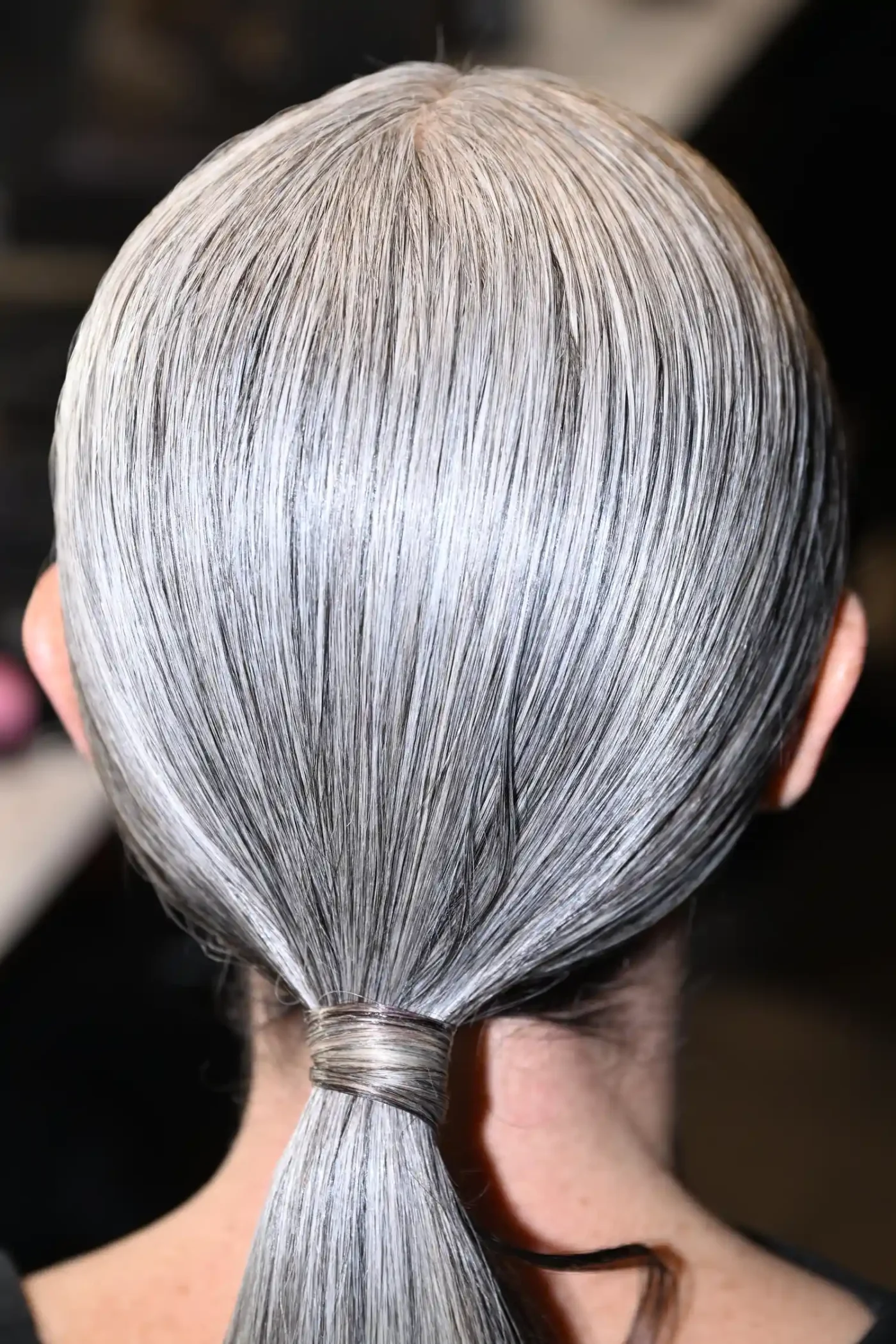 Back view of someones head with gray hair tied in a low ponytail
