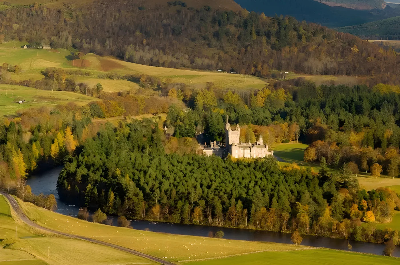 Balmoral Castle, in the valley of the River Dee, shot in autumn