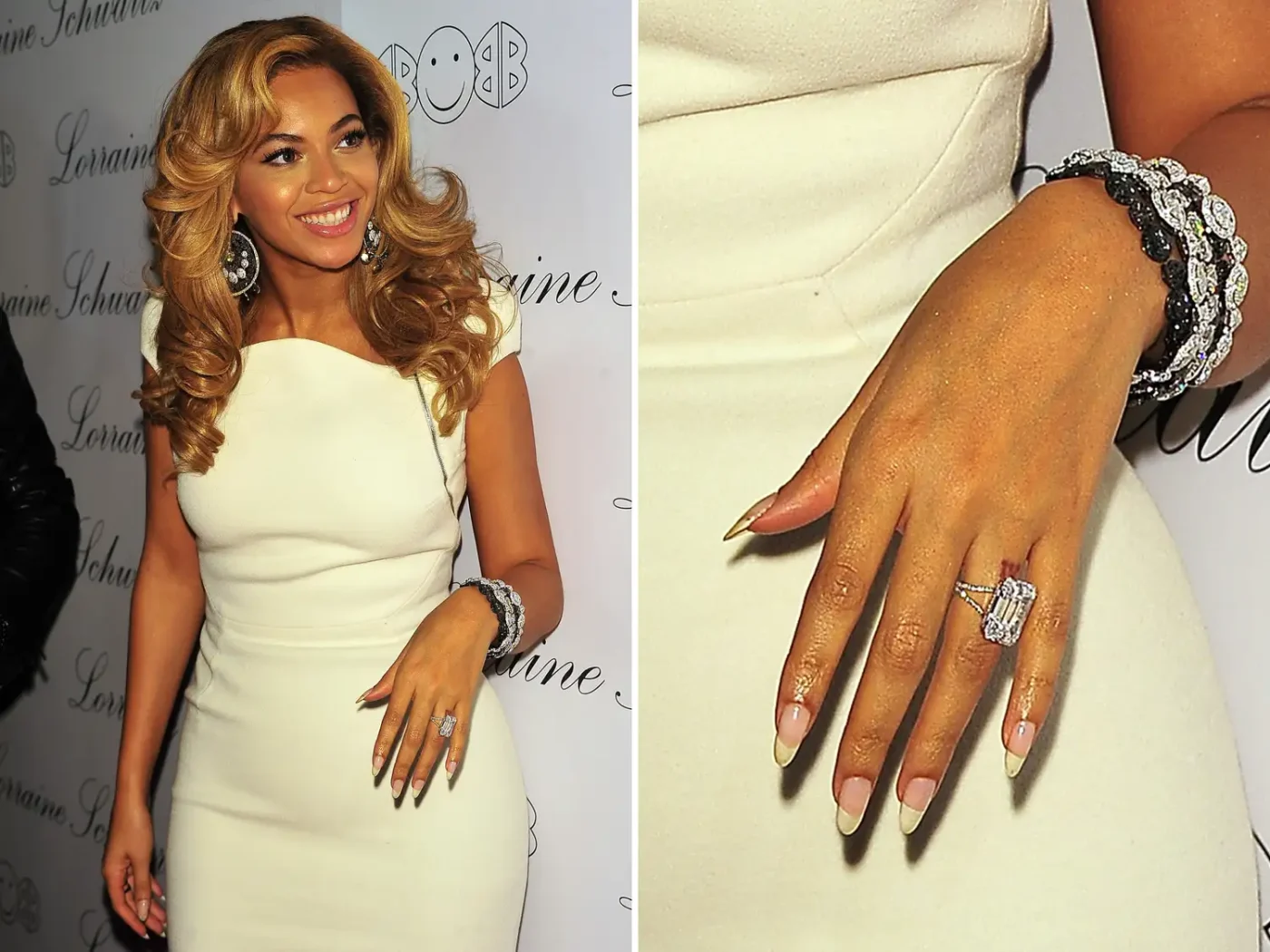 Beyonc showcasing her engagement ring split image with one part showing her wearing a white dress and the other focusing on the ring