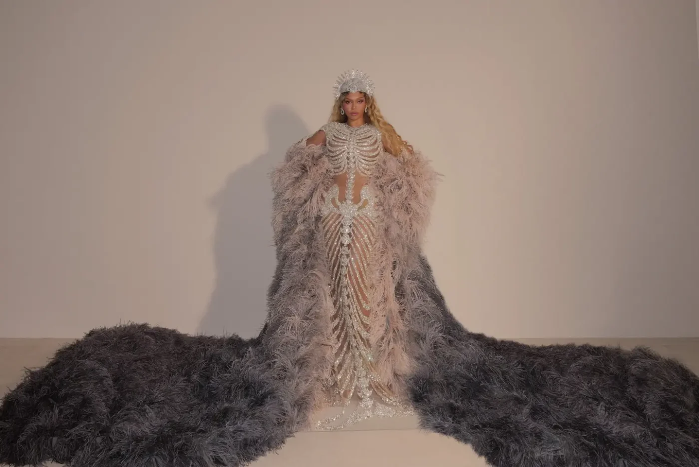 Beyonce wearing a crystal-embellished gown with a feathered cape and headpiece.