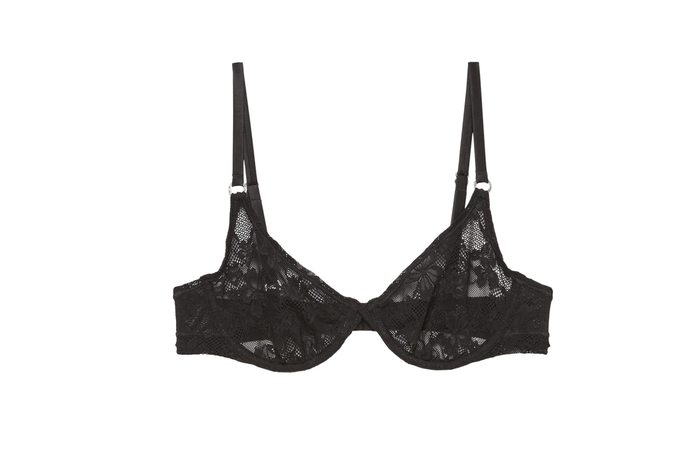 Black lace stretch bra on a white background.