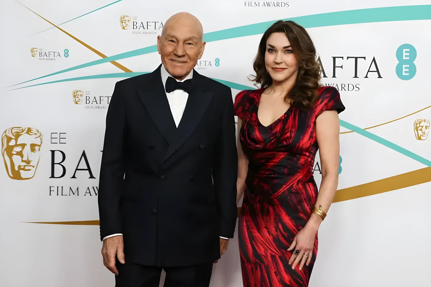 British actor Patrick Stewart and his daughter Sophia Stewart pose on the red carpet upon arrival at the BAFTA British Academy Film Awards at the Royal Festival Hall, Southbank Centre, in London, on February 19, 2023.