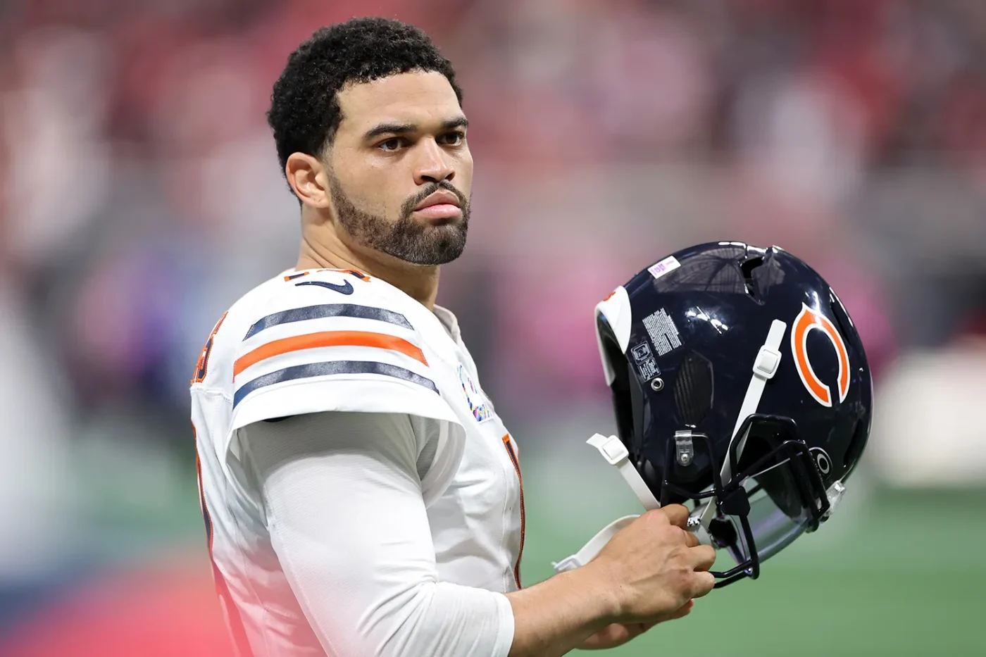 Caleb Williams #18 of the Chicago Bears takes the field against the Atlanta Falcons during the second quarter of the game at Mercedes-Benz Stadium on October 18, 2026 in Atlanta, Georgia.