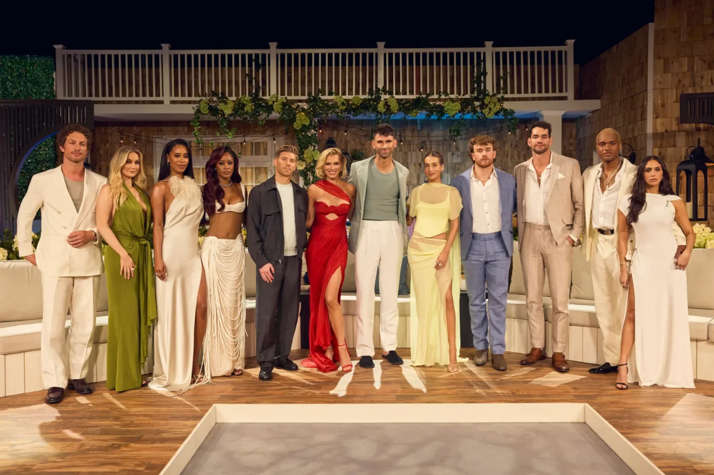 Cast members Ben Waddell, Bailey Taylor, Mia Calabrese, Ciara Miller, Lindsay Hubbard, Kyle Cooke, Amanda Batula, Carl Radke, Jesse Solomon, KJ Dillard, and Dara Levitan pose together on the set of Summer House.