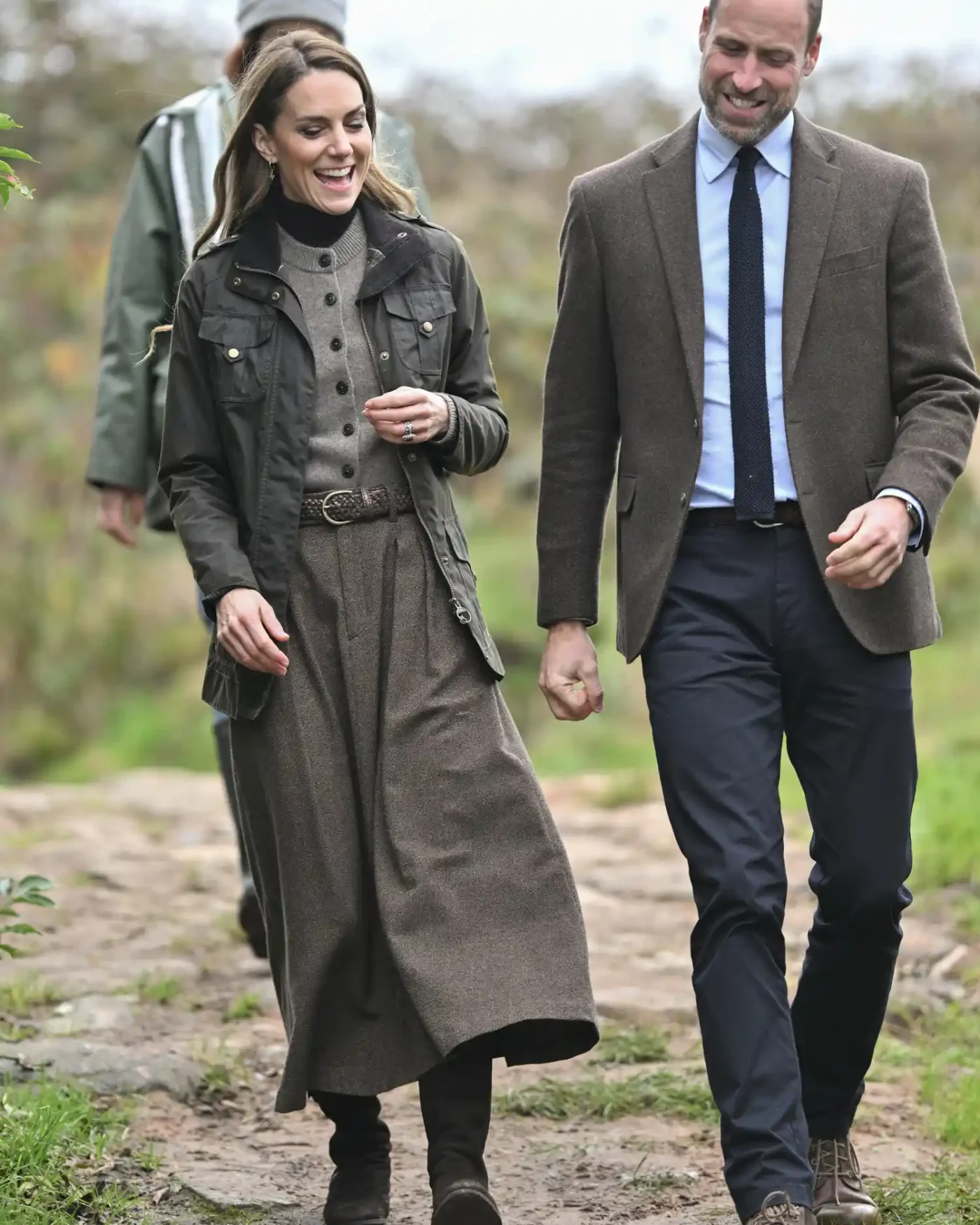 Catherine, Princess of Wales and Prince William, Prince of Wales share a joke together during their visit to Mallon Farm, a flax farm in County Tyrone that is spearheading the revival of flax growing for linen, as a blueprint for sustainable farming systems on October 14, 2025 in Cookstown, Northern Ireland.