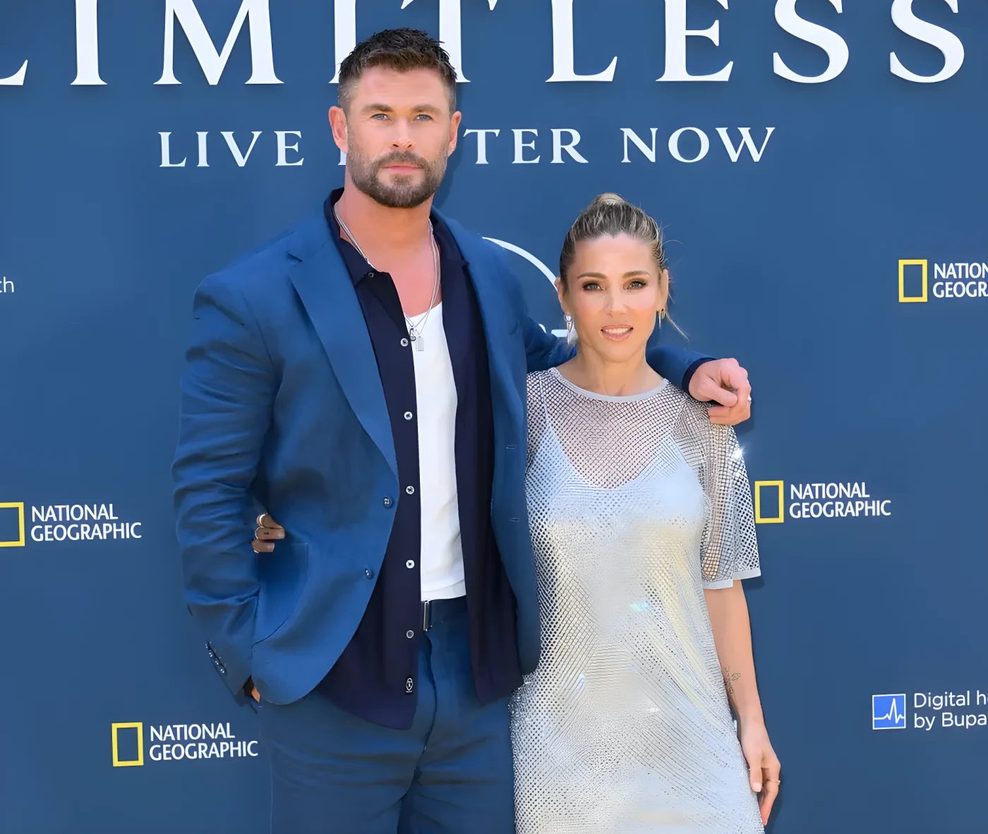 Chris Hemsworth and Elsa Pataky attend the "Limitless: Live Better Now" UK Premiere at Odeon Luxe Leicester Square on July 17, 2025 in London, England.