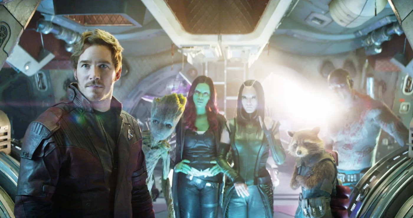 Chris Pratt as Star-Lord, Groot, Zoe Saldana as Gamora, Pom Klementieff as Mantis, Rocket, and Dave Bautista as Drax in a scene from the film Avengers: Infinity War.