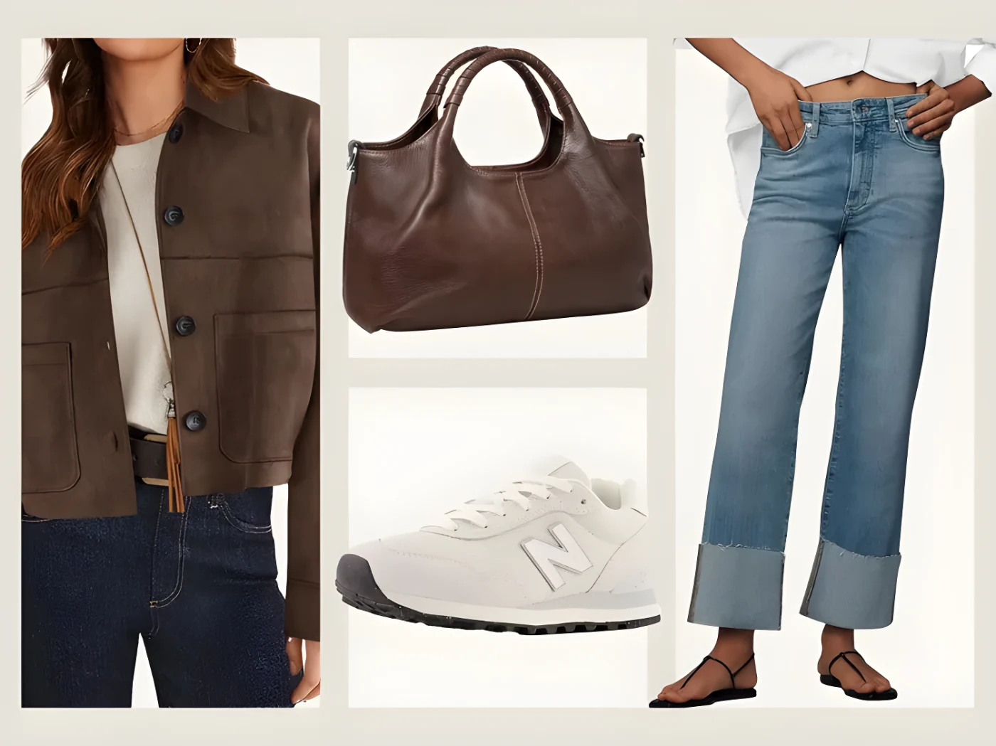 Collage featuring a suede jacket leather handbag white sneakers and widehem jeans