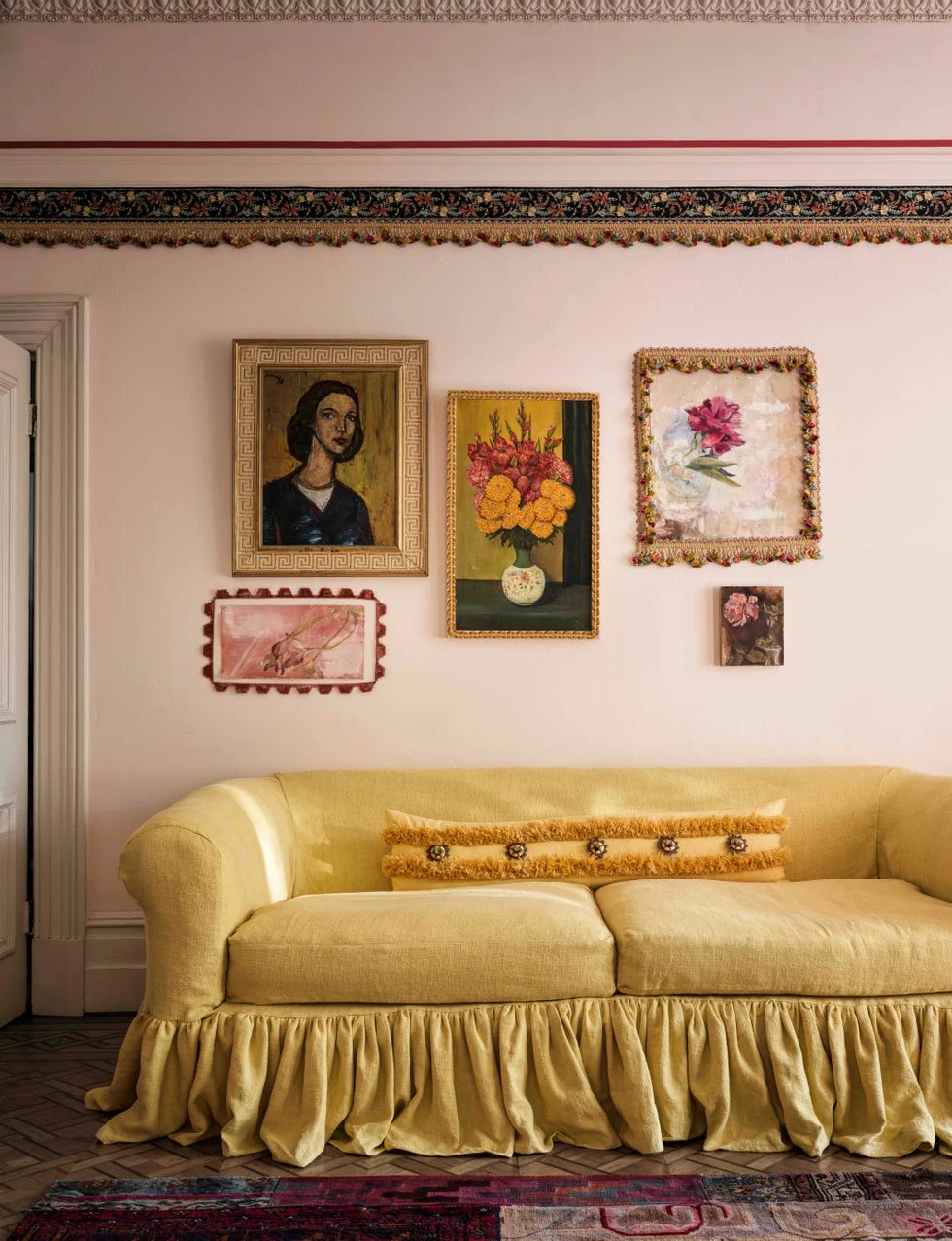 colourful room with fabric trim on the walls