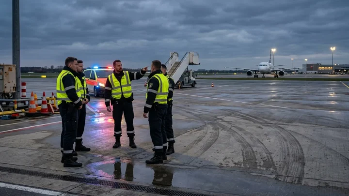 Airbus A320 di Austrian Airlines fermo sulla pista dopo un atterraggio d'emergenza scortato da caccia