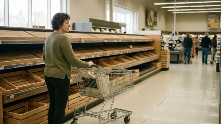 Scaffali vuoti nel reparto ortofrutta di un supermercato