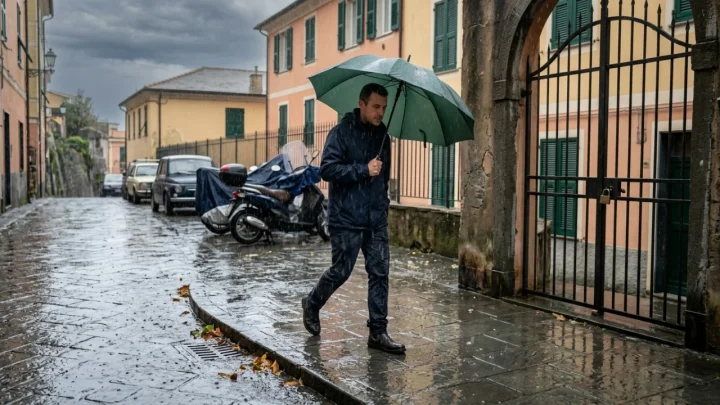 Strada allagata e pioggia battente durante un'allerta meteo in Liguria