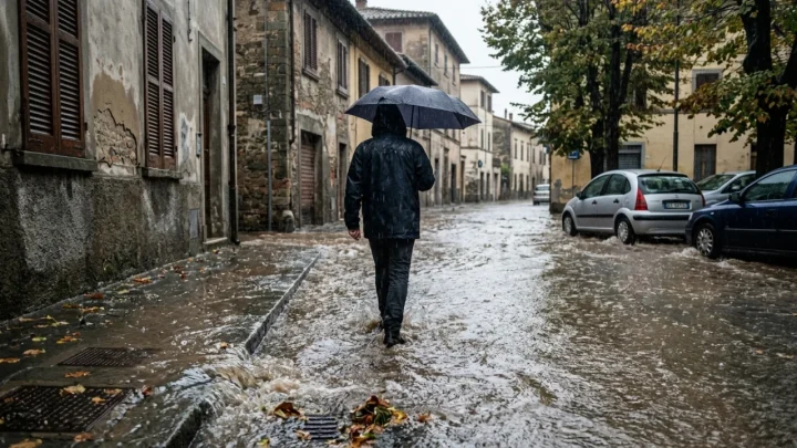 Cielo plumbeo e forti piogge alluvionali su una vallata italiana