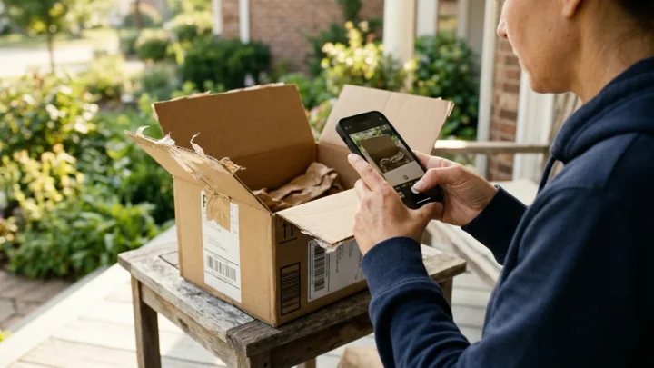 Opened and empty cardboard Amazon delivery box sitting on a residential doorstep