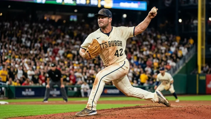 Former Major League Baseball relief pitcher Andrew Miller throwing a pitch