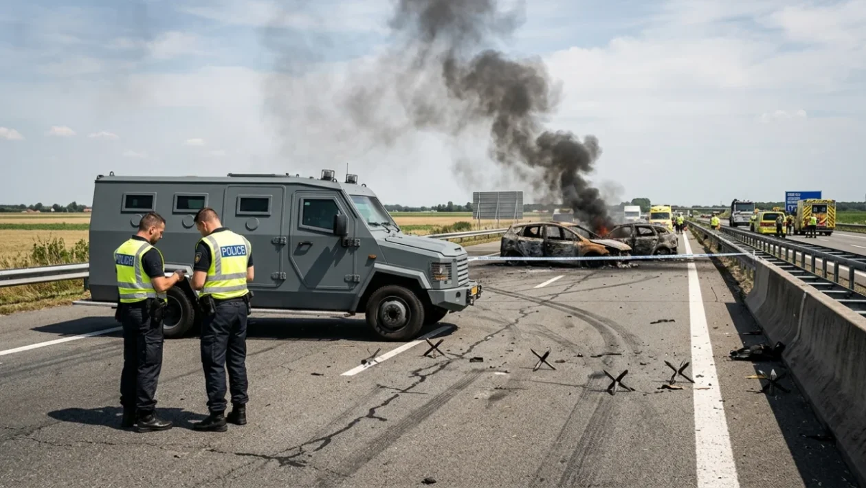 Tratto autostradale bloccato dalle forze dell'ordine dopo un tentato assalto a un furgone portavalori