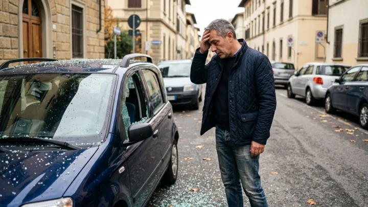 Vetro frantumato di un finestrino di un'auto colpita durante un raid notturno