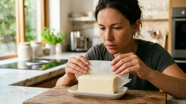A block of plant-based butter wrapped in packaging on a kitchen counter