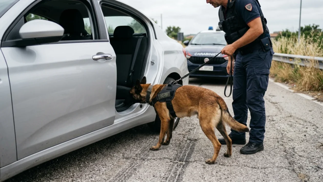 Cane antidroga delle forze dell'ordine durante un controllo di sicurezza su un veicolo