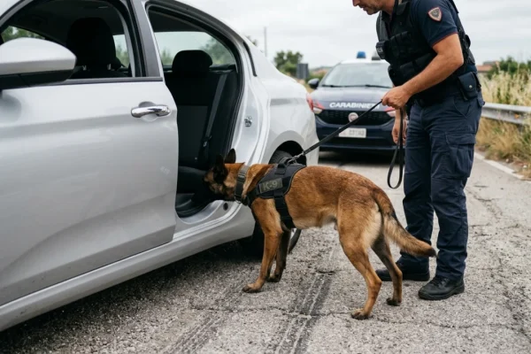 Cane antidroga delle forze dell'ordine durante un controllo di sicurezza su un veicolo