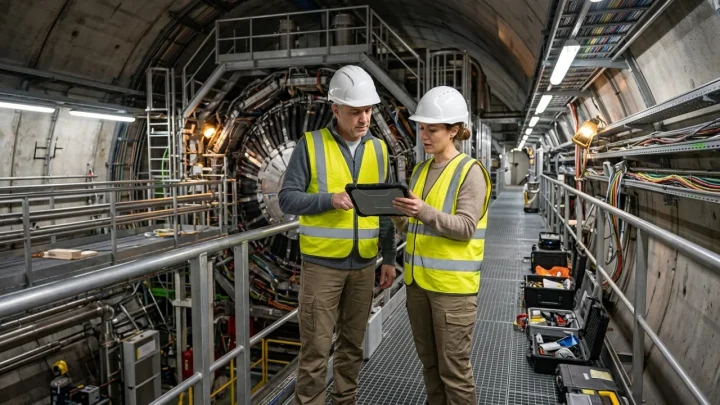 Vista dell'acceleratore sotterraneo LHC del CERN con tubature e strutture magnetiche complesse