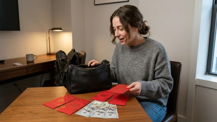 Borsa in pelle nera con buste rosse contenenti denaro contante
