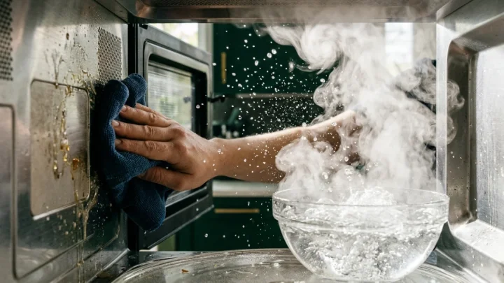 Forno a microonde aperto con tazza per la pulizia interna