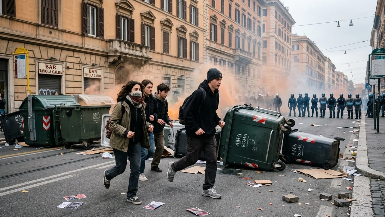 Studenti in corteo a Roma con striscioni e fumogeni durante la manifestazione
