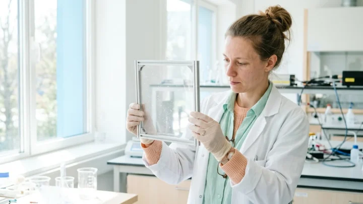 Rappresentazione di impulsi laser ad alta intensità che colpiscono un polimero per creare nanodiamanti