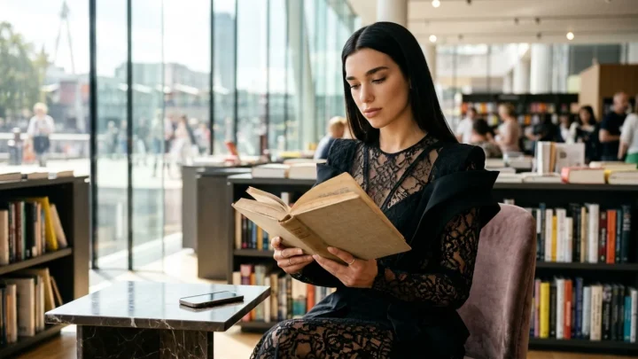 Dua Lipa wearing an embellished sheer Schiaparelli top at the Southbank Centre