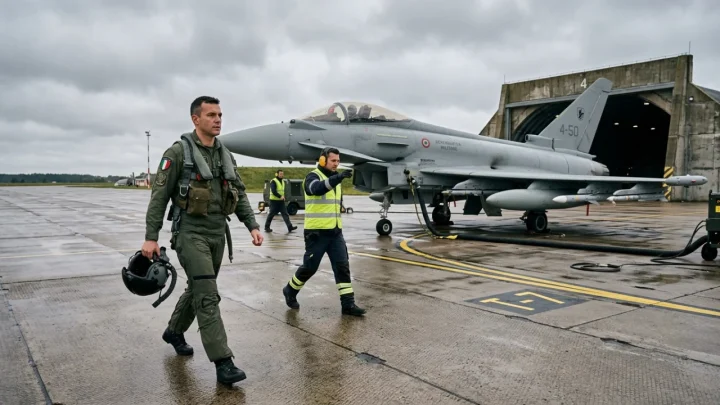 Caccia Eurofighter Typhoon dell'Aeronautica Militare in decollo per una missione di sorveglianza aerea