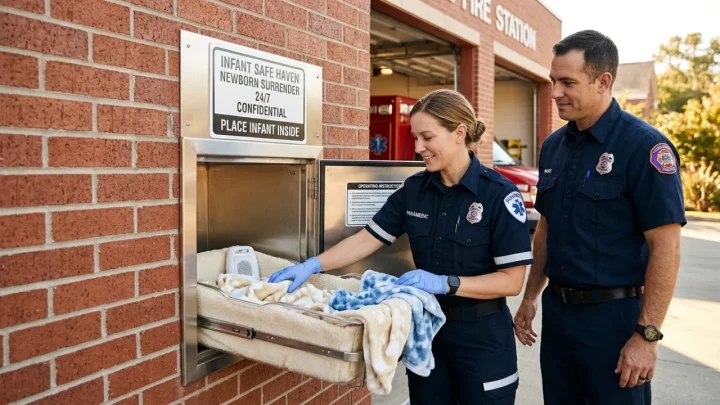 Exterior view of a Safe Haven Baby Box installed at a municipal emergency station