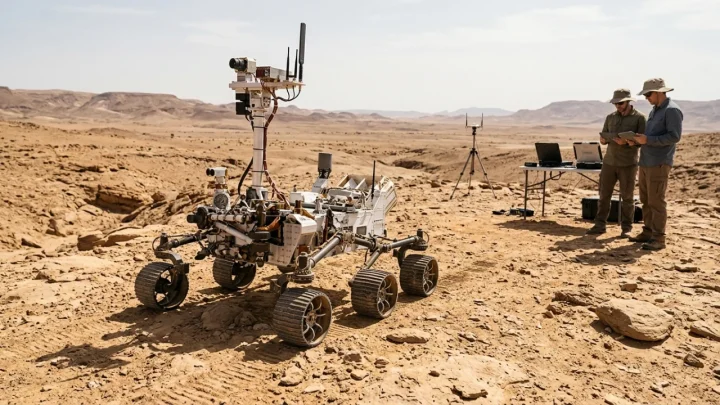 Prototipo del rover della missione ExoMars durante i test di navigazione su terreno desertico
