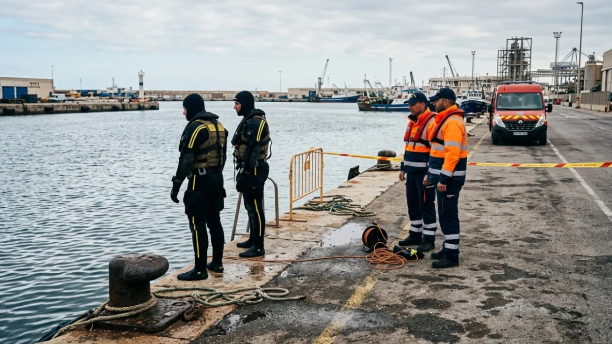 Operazioni di soccorso della Capitaneria di Porto e Vigili del Fuoco vicino alla banchina portuale