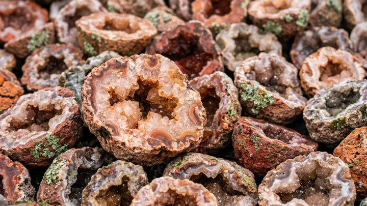 Geode di quarzo spaccato a metà con cristalli brillanti all'interno
