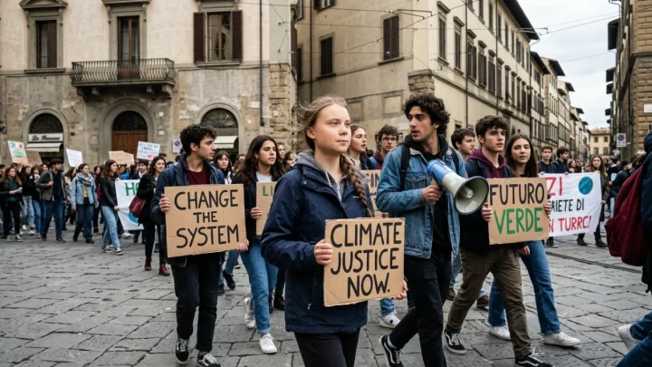Manifestazione per il clima ispirata al movimento di Greta Thunberg con cartelli di protesta
