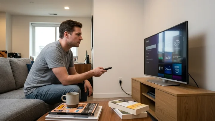 Televisore compatto con schermo Quantum Dot ad alta definizione posizionato su un mobile moderno