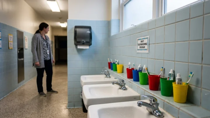 Bambini a scuola durante una lezione educativa sulla salute orale