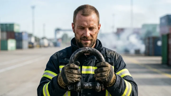 Automezzo industriale dei Vigili del Fuoco con lampeggianti accesi durante un intervento d'emergenza
