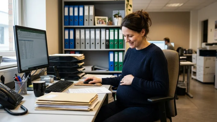 Sara Vinciati al lavoro in ufficio amministrativo durante la gravidanza